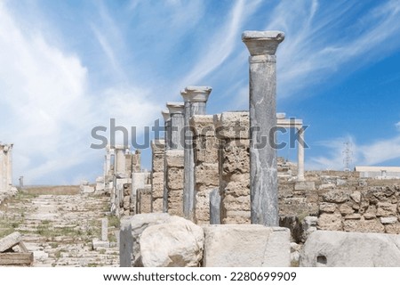 Ancient city of Leodikeia. The city's main street and columns. Denizli, Turkey.
