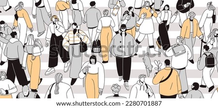 People crowd crossing street, city road. Many pedestrians going, hurrying on crosswalk, zebra panorama. Busy traffic, rush hour in overcrowded metropolis, urban center. Flat vector illustration Royalty-Free Stock Photo #2280701887