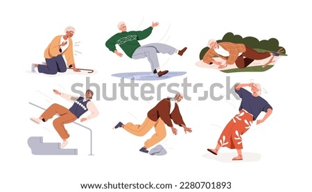 Old people fall down set. Senior men, women falling, slipping, sliding, stumbling by accident. Clumsy elderly characters falldown. Flat graphic vector illustration isolated on white background Royalty-Free Stock Photo #2280701893