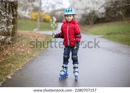 Little child, preschool boy in protective equipment and rollers blades, riding on walkway in park