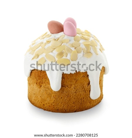 Easter cake decorated with eggs and nuts on white background Royalty-Free Stock Photo #2280708125