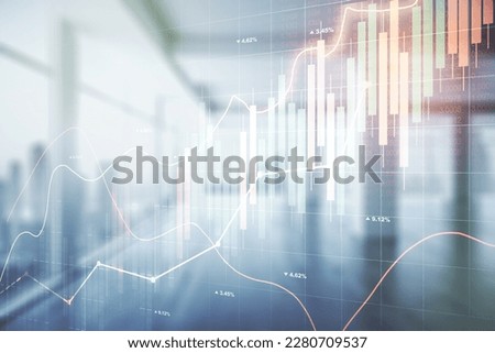 Abstract virtual financial graph hologram on modern interior background, financial and trading concept. Multiexposure