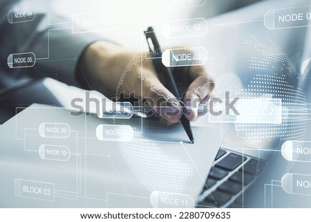 Double exposure of abstract creative programming illustration with world map and hand writing in notepad on background with laptop, big data and blockchain concept