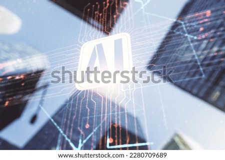 Double exposure of creative artificial Intelligence icon on modern skyscrapers background. Neural networks and machine learning concept Royalty-Free Stock Photo #2280709689