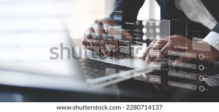 Business developer using Kanban board framework on laptop computer. Agile software development lean project management tool for fast changes, project management concept Royalty-Free Stock Photo #2280714137