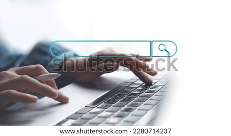 Data Search Technology Search Engine Optimization (SEO). Woman's hands typing on computer keyboard searching online information, browsing the internet on web browser