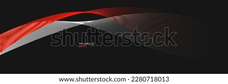 Abstract background vector illustration, red and black dots in motion by curve lines, particles flow wave isolated, monochrome black and white illustration.