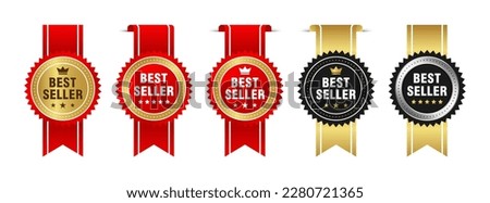 Best seller sticker label set with medal gold and red ribbon isolated fit for mark best seller product, book cover label Royalty-Free Stock Photo #2280721365