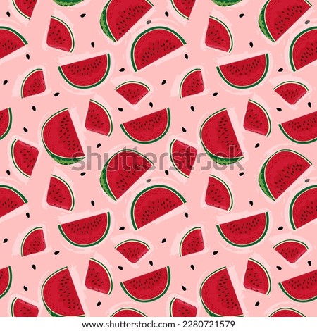 Vector seamless pattern with red watermelon slices on a pink background in a flat style. Ideal for print, wrapping paper, wallpaper, fabric, design.