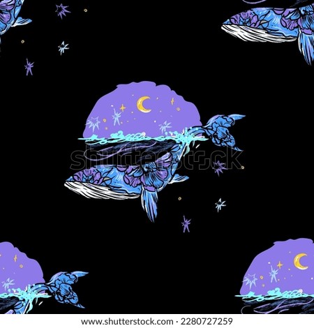 Vector illustration of a whale, ocean, month, stars, waves, sky, flowers. illustration t-shirt print graphic design - Vector.