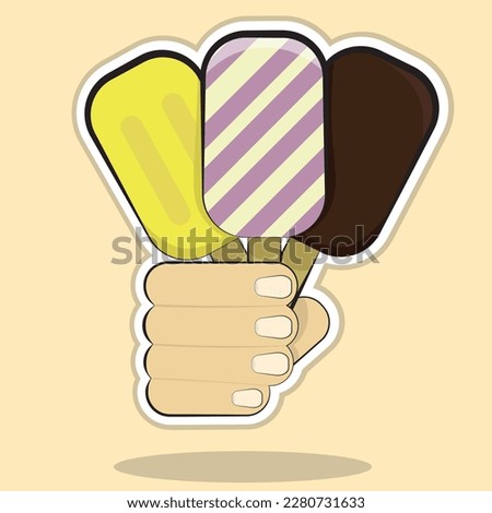 Ice cream on a stick in hand, vector image, ice cream set, dessert, clipart, vector, icon.