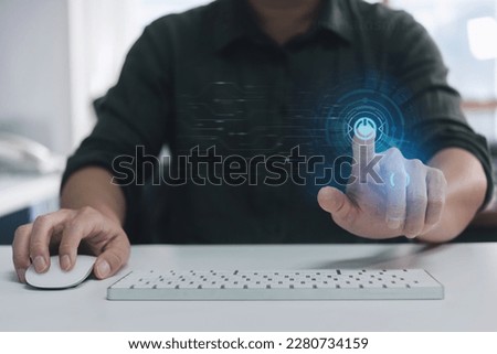 Human Finger Presses Touch Screen Button to Activate Future Artificial Intelligence in the Concept of Digitalization. Visualization of the Intersection of Humanity with Machine Learning, AI, and  Tech