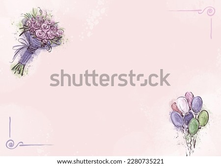 Pink background with bouquet and balloons. Template for text, holiday invitations. Bouquet of flowers and balloons on a pink background