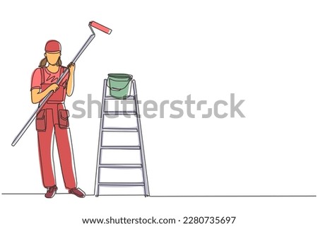 Continuous one line drawing painter woman in overalls with a painting roller, with bucket and ladder. Room painter. Handywoman. Construction worker. Single line draw design vector graphic illustration