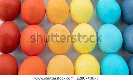 Easter eggs background. The eggs are painted in the same colors of the rainbow and laid out in a gradient on a white background. Happy easter eggs in minimal style close up photo with copy space.