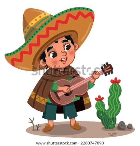Vector illustration of a little Mexican boy playing guitar.