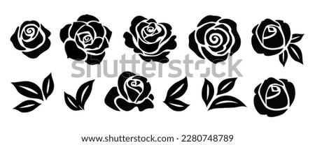 Set of decorative rose with leaves. Flower silhoutte. Vector illustration Royalty-Free Stock Photo #2280748789