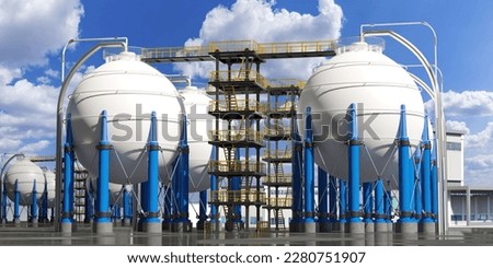 Manufactory with spherical tanks. Chemical industry. Containers for storage near chemical manufactory. Round tanks of industrial enterprise under blue sky. Exterior of chemical manufactory. 