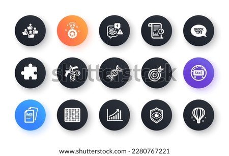 Minimal set of Scissors, Documents and Graph chart flat icons for web development. Teamwork, Puzzle, Chemistry dna icons. Winner reward, Stress, Fake news web elements. Binary code. Vector