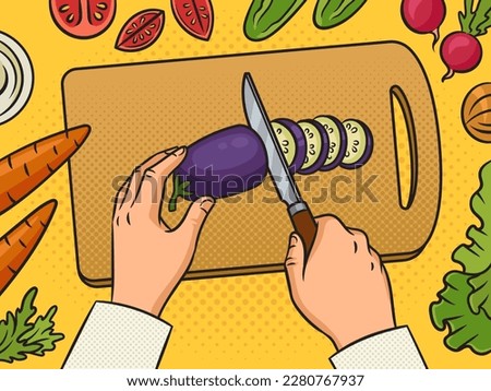 chef cutting vegetables pinup pop art retro vector illustration. Comic book style imitation.