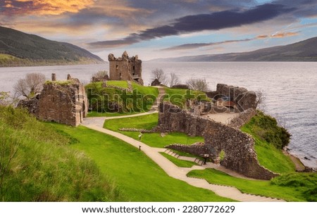 Scotland - sunset over Urquhart castle, Loch Ness - UK Royalty-Free Stock Photo #2280772629