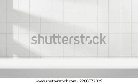 white table background podium stage for text design and products, white stage with sunlight and shadow, white tile and table background.