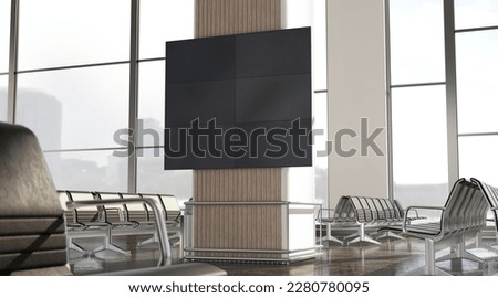 Blank black led display in airport lounge mockup, side view, 3d rendering. Empty flight information screen or banner in waiting area mock up. Railway station or airplane hall with. 3D Illustration