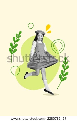 Young girl wear trendy european clothes sarafan beret running street enjoy spring summer day weather nature growth thrive collage