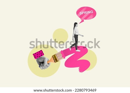 Photo collage metaphor of young charming teenager girl walk on painted big brush path pink drawing springtime concept Royalty-Free Stock Photo #2280793469