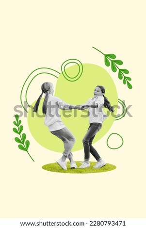 Two joyful little sisters girls hold hands swinging green garden park outdoors activity games enjoy school year end summer holidays