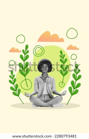 Vertical photo collage young lady enjoy beauty of nature sit ground balance asana yoga om fingers spring summer holidays