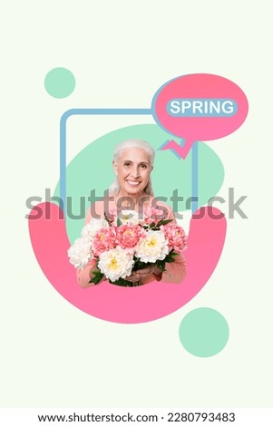 Photo collage of charming senior grandma lady receive bloom peonies bunch posing photographer social network media blogging collage