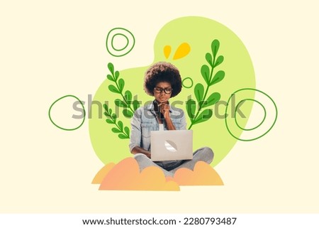 Photo collage young girl it specialist working green park use modern technology macbook apple laptop creative green growth background