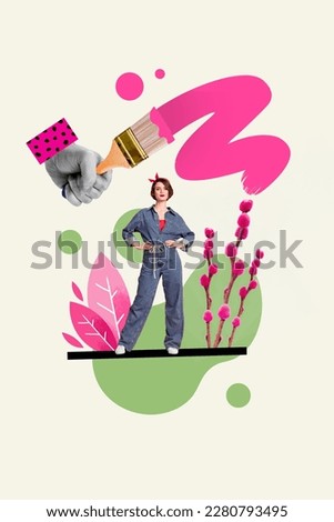 Vertical artwork collage young lady designer artist wear jeans overall paint brush art decor stand floral creative background