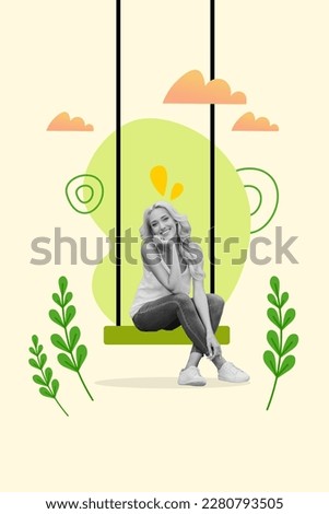 Vertical artwork photo collage young pretty lady enjoy beauty of nature connection sit swing play backyard spring summer holidays