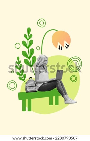 Vertical photo collage young girl it specialist working green park use modern technology laptop creative green atmosphere background