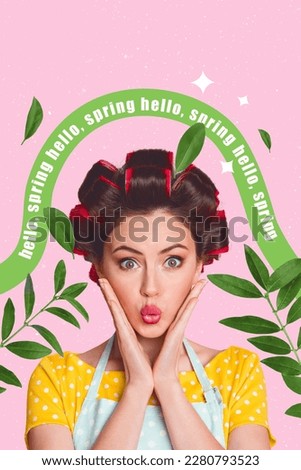 Vertical collage picture funny housewife retro style girl doing perming use curlers prepare spring shopping creative background