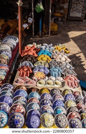 Blue ceramics and souvenirs in the eastern market. High quality photo