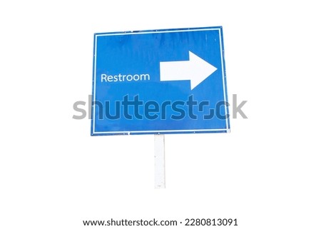Public Steel or iron signboard blue toilet concrete pillar. Isolated on white background. There is an arrow showing the way to the bathroom. For tracking areas in different areas to notify, warn.