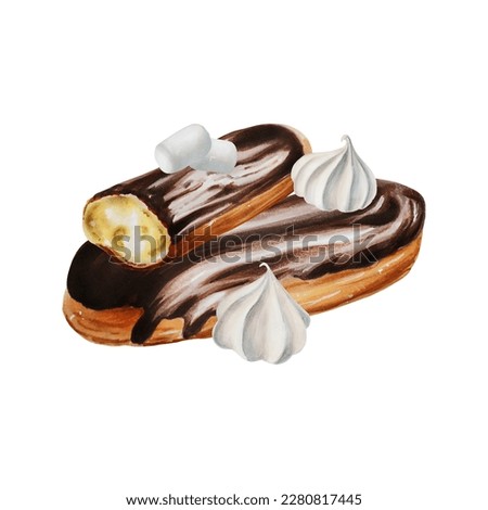 Watercolor composition with eclair in chocolate, meringue and marshmallows. Hand painting sweet on a white isolated background. For designers, menu, shop, bar, bistro, restaurant, for postcards