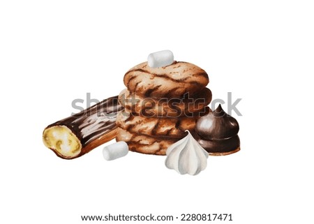 Watercolor composition with peanut biscuits, marshmallows in chocolate, meringue, eclair. Hand painting sweet on a white isolated background. For designers, menu, shop, bar, bistro, restaurant, for