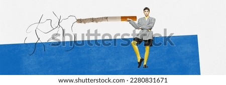 Young man in stylish clothes standing with giant cigarette. Smoking damage, but feeling relaxed. Contemporary art collage. Concept of surrealism, new vision, inspiration and idea. Creative design.