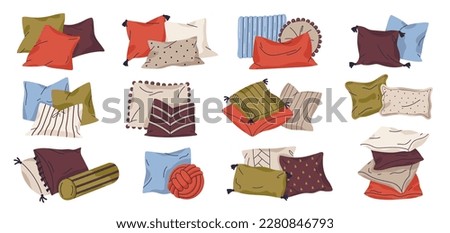 Textile pillows vector set. Home interior decor pillow, sofa feathered cushion, cozy pillows flat vector illustration collection