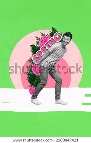 Creative 3d photo artwork graphics collage painting of excited guy delivering spring 8 march gift isolated drawing background