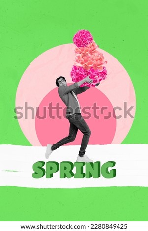 Creative abstract template graphics collage image of funky impressed guy delivering 8 march flowers isolated drawing background