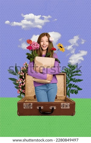 Artwork magazine collage picture of funny excited small kid standing suitcase buying flowers isolated drawing background