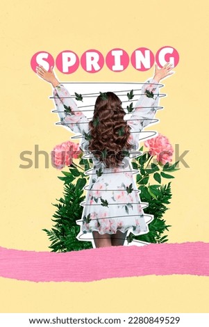 Collage artwork graphics picture of carefree excited lady celebrating spring season coming isolated painting background