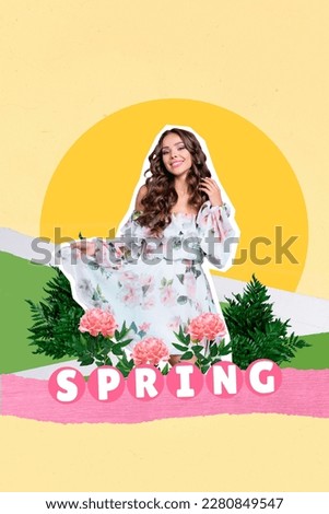 Photo collage artwork minimal picture of happy adorable lady enjoying spring weather instead head isolated drawing background