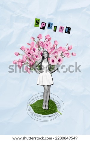Photo collage artwork minimal picture of charming cute lady enjoying fresh spring flowers aroma isolated drawing background