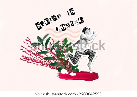 Creative collage pinup image poster of positive glad lady sleepwear pajama run ahead meet spring season isolated on white color background